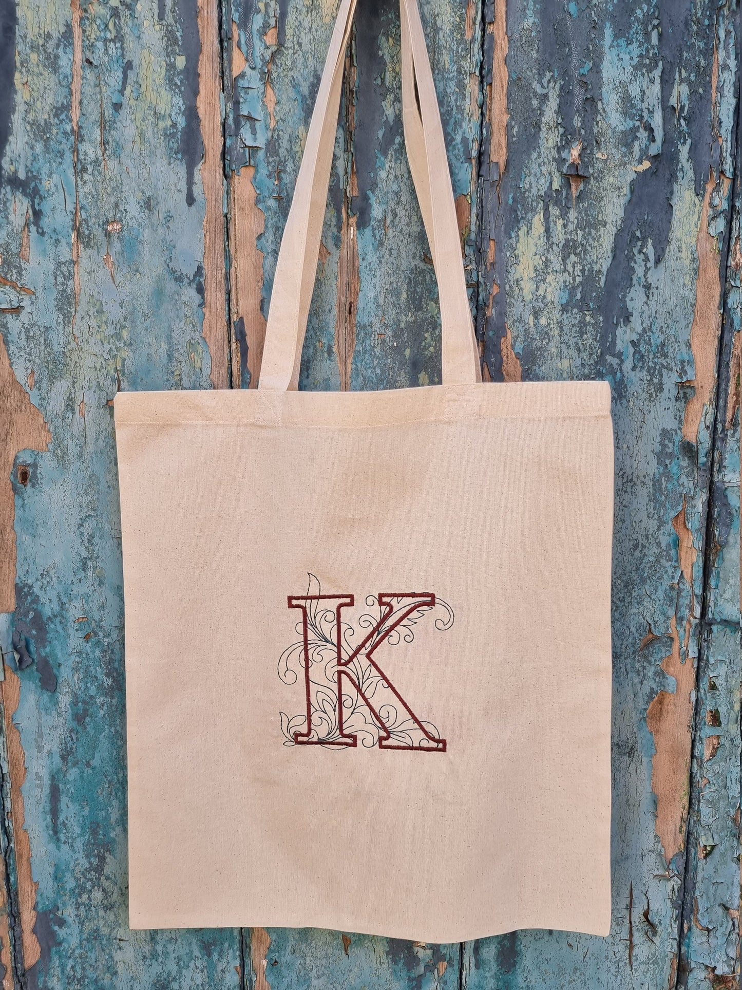 Ornate Initial Embroidered Tote Bag