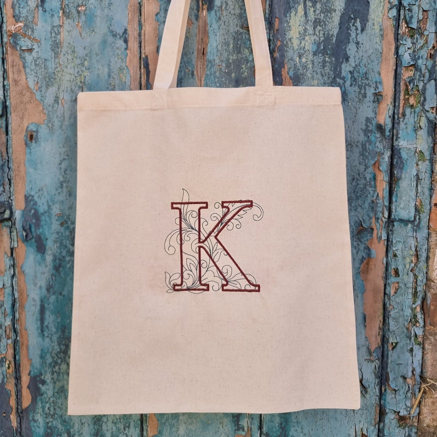 Ornate Initial Embroidered Tote Bag