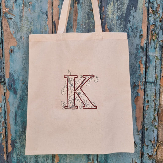 Ornate Initial Embroidered Tote Bag