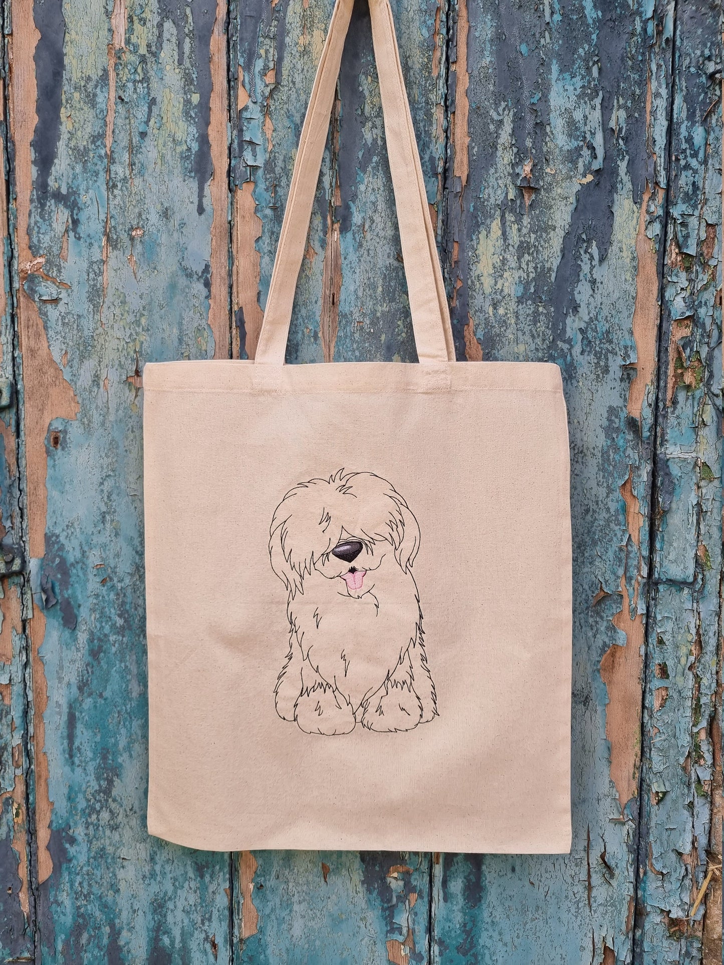 Old English Sheepdog Line Art Embroidered Tote