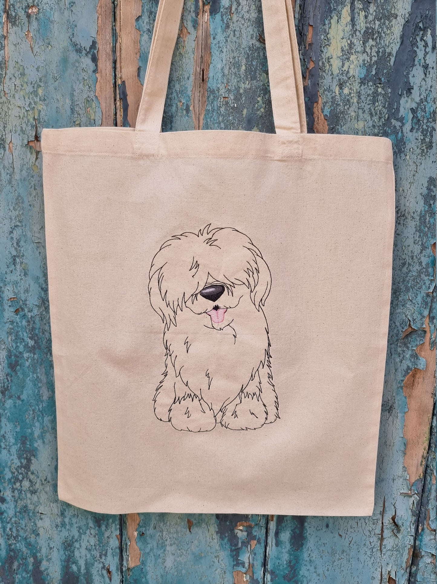 Old English Sheepdog Line Art Embroidered Tote