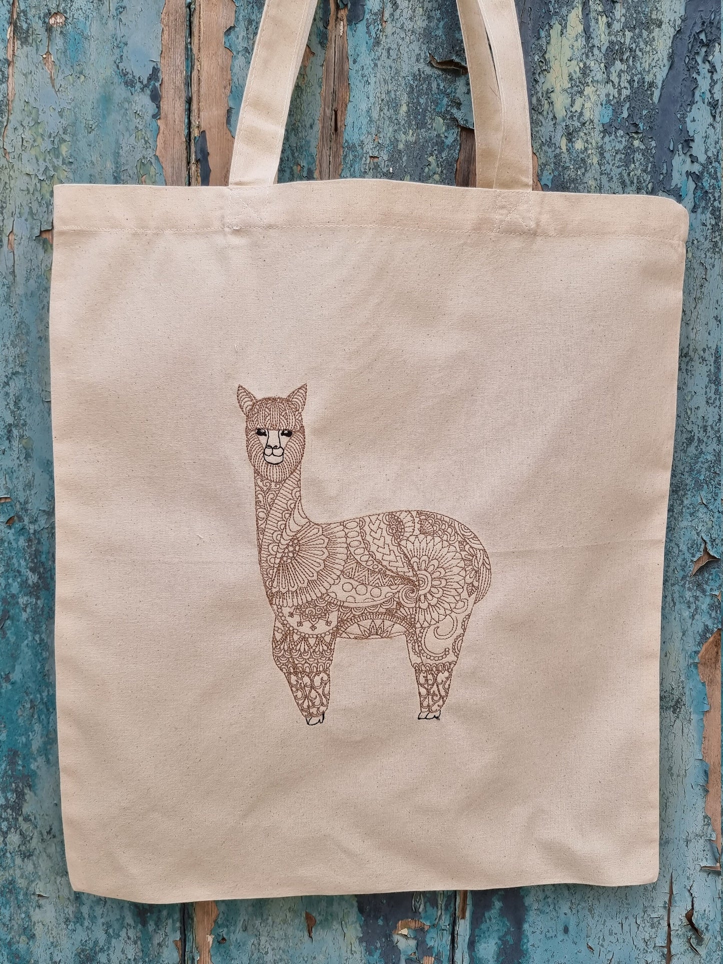 Henna Style Llama Line Art Embroidered Tote