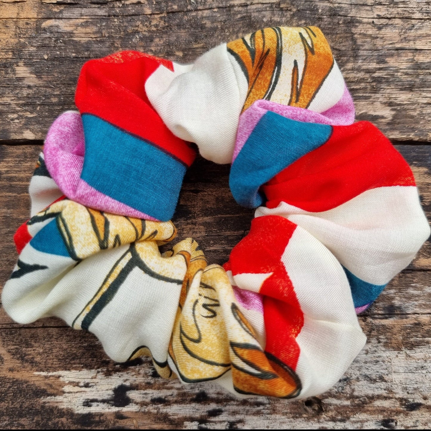 Abstract Monstera Leaf Striped Super Soft Viscose Scrunchie | Hair Tie | Red, Blue and Beige