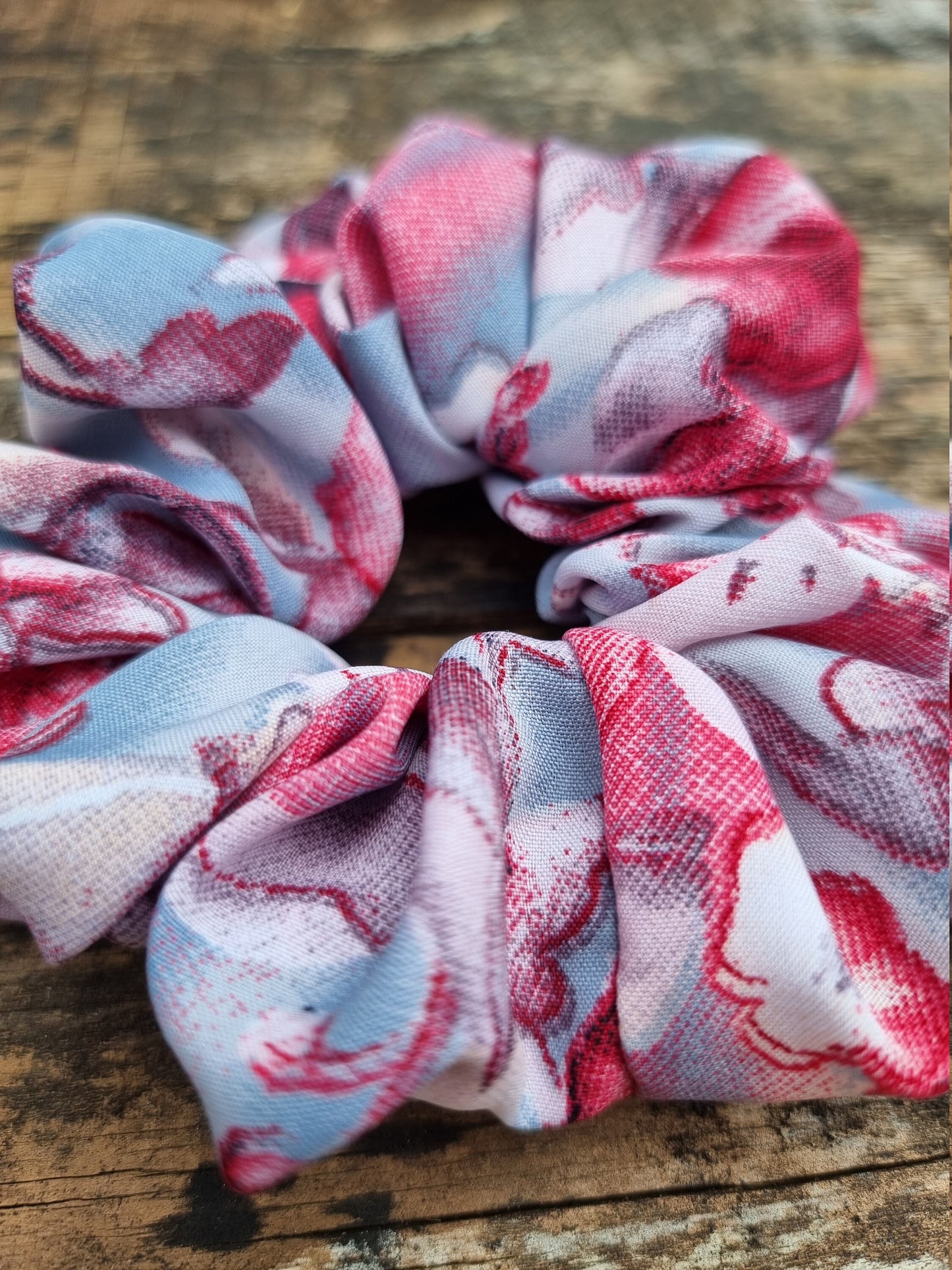 Abstract Grey and Pink Floral Super Soft Crepe Scrunchie | Hair Tie