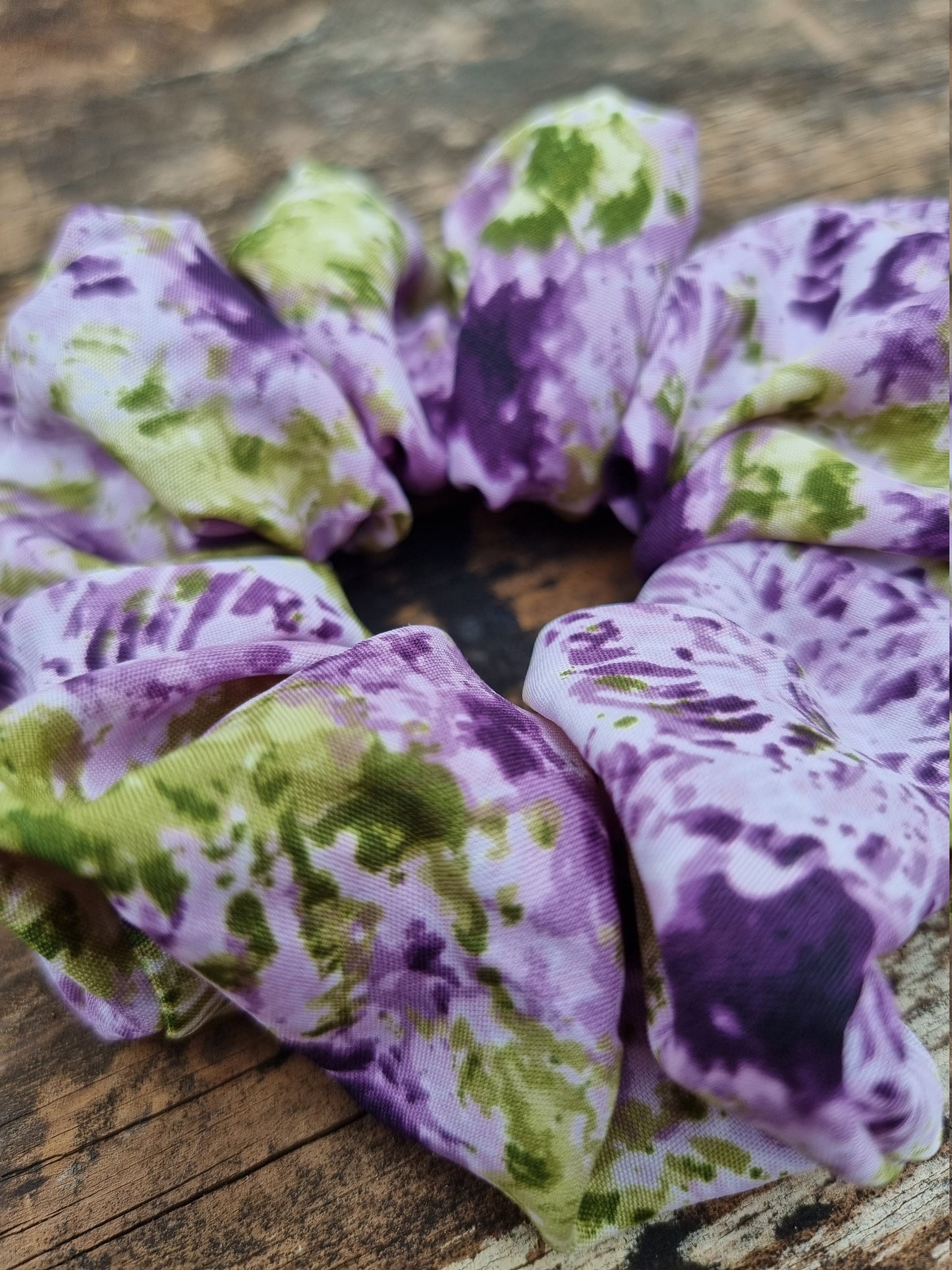 Abstract Purple and Green Batik Super Soft Crepe Scrunchie | Hair Tie