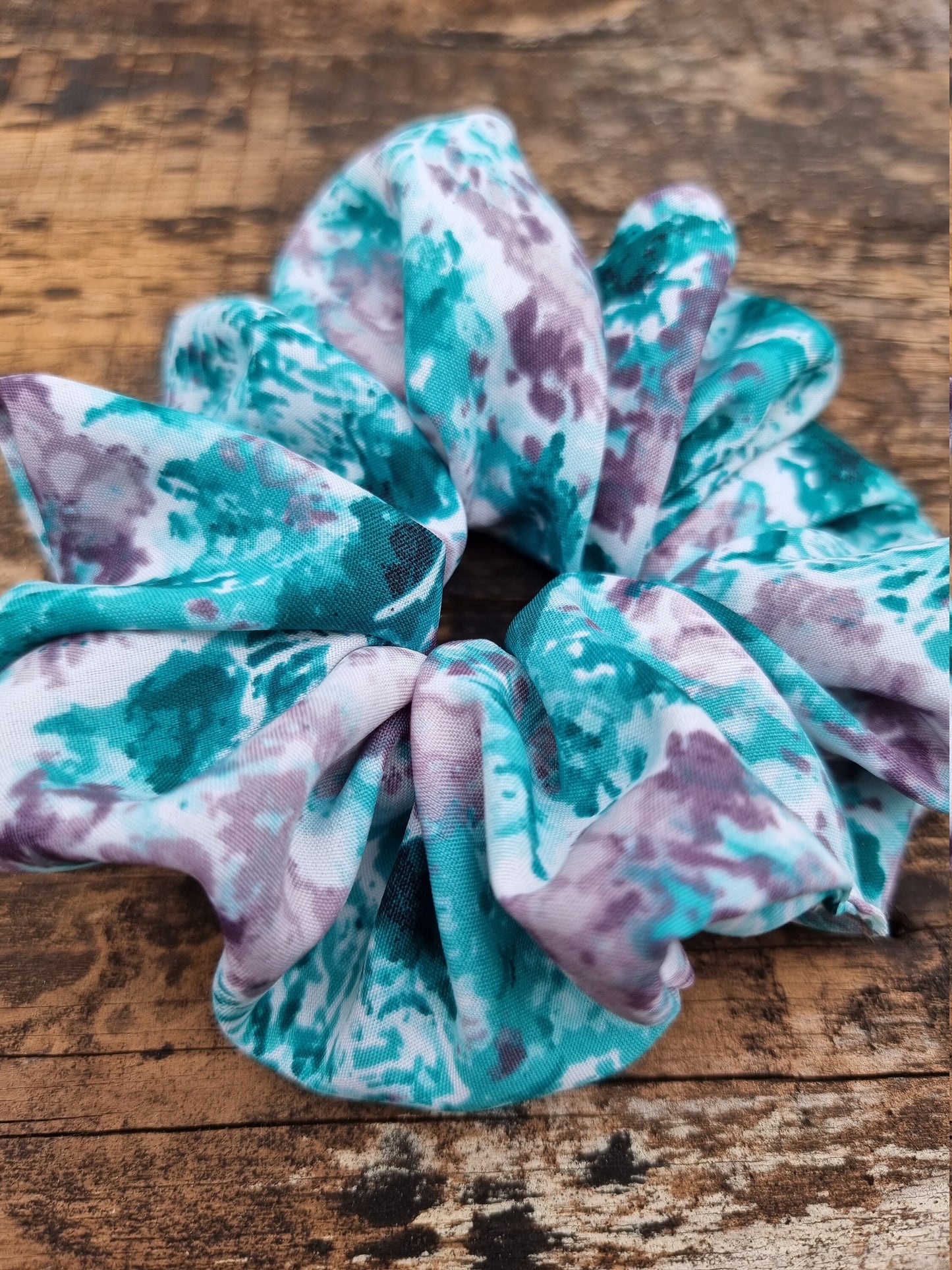 Abstract Turquoise and Grey Batik Super Soft Crepe Scrunchie | Hair Tie