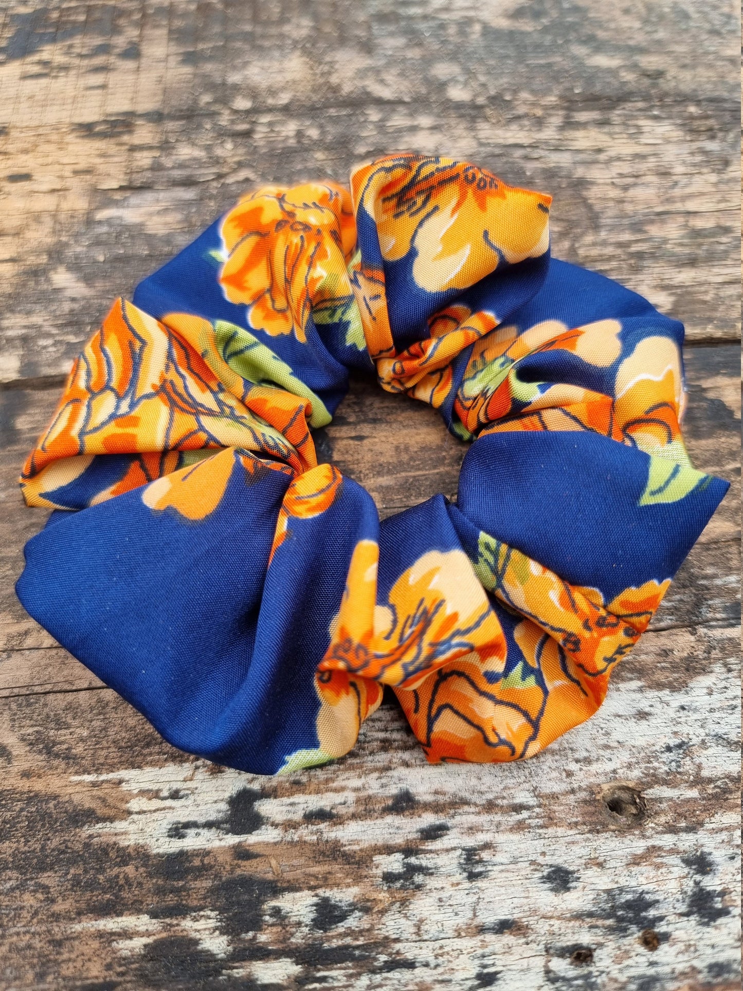 Abstract Orange and Navy Floral Super Soft Crepe Scrunchie | Hair Tie