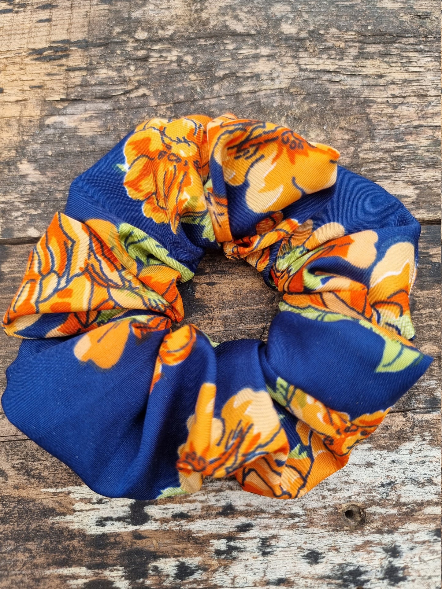 Abstract Orange and Navy Floral Super Soft Crepe Scrunchie | Hair Tie