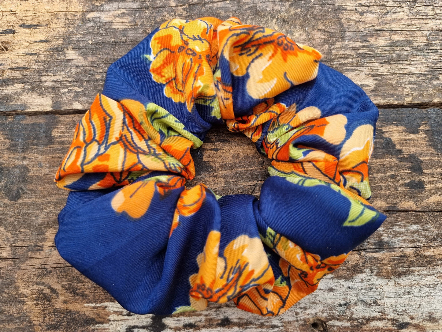 Abstract Orange and Navy Floral Super Soft Crepe Scrunchie | Hair Tie