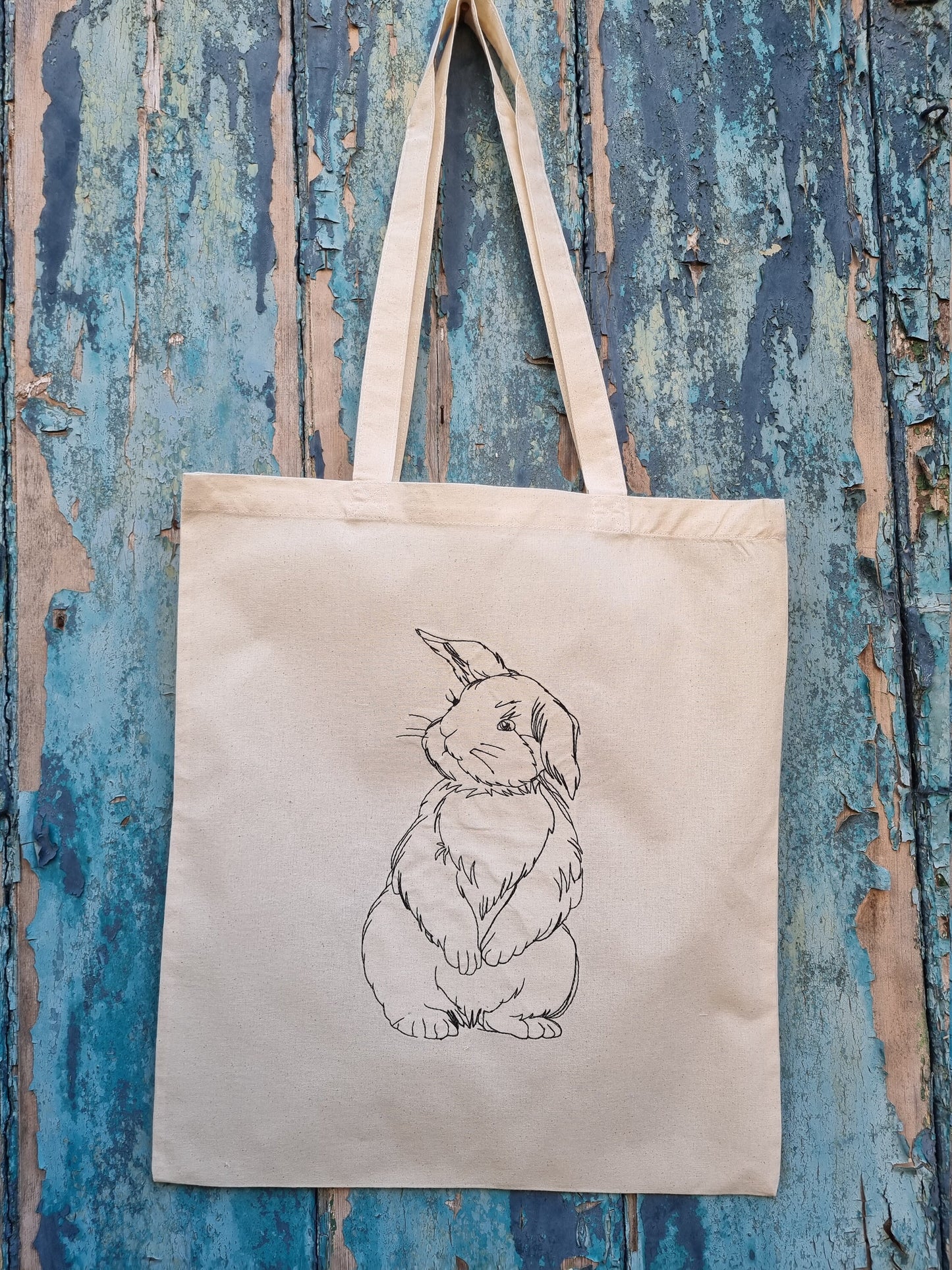 Line Art Cute Bunny Embroidered Tote