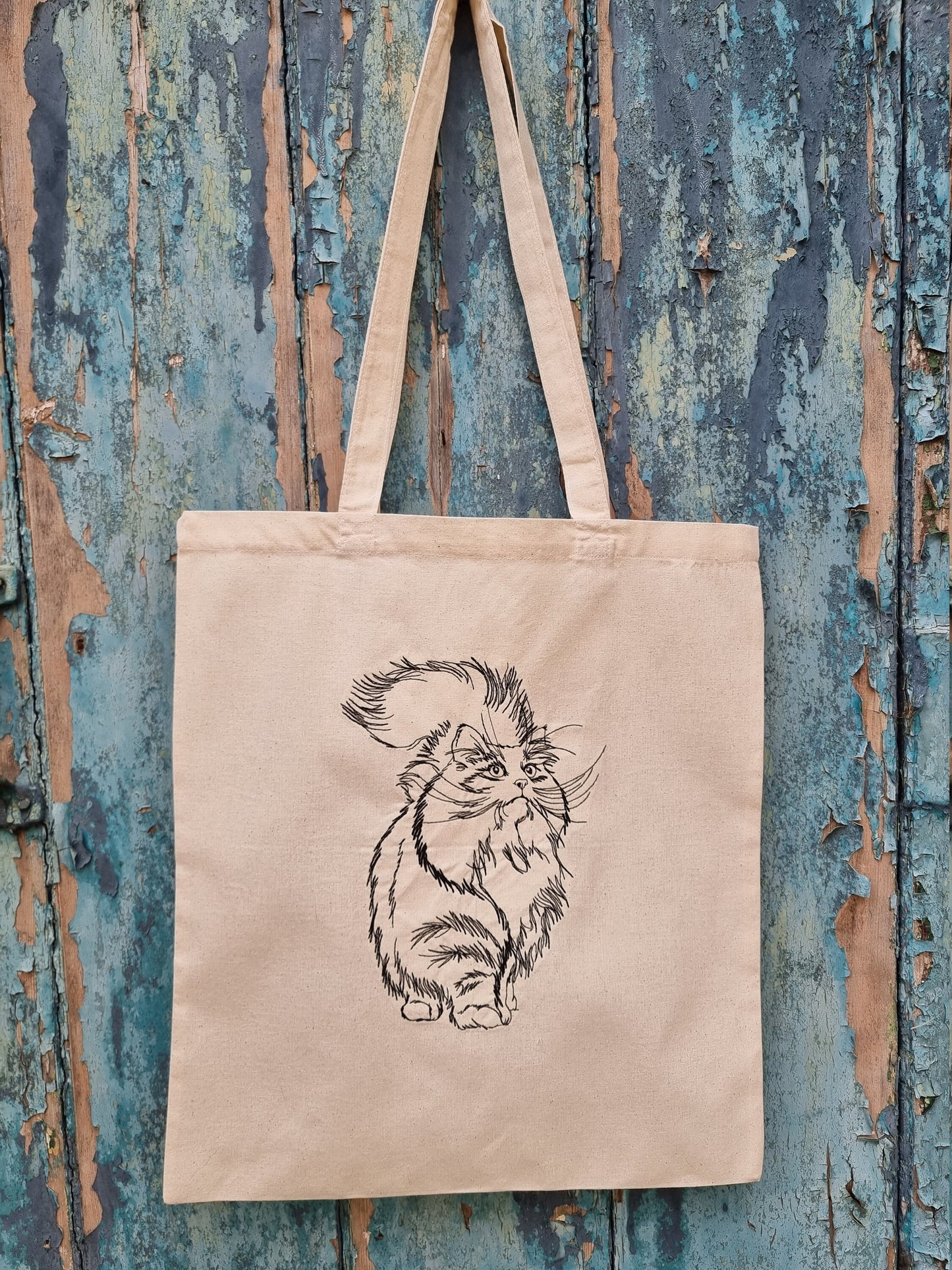 Cute Line Art Cat Embroidered Tote