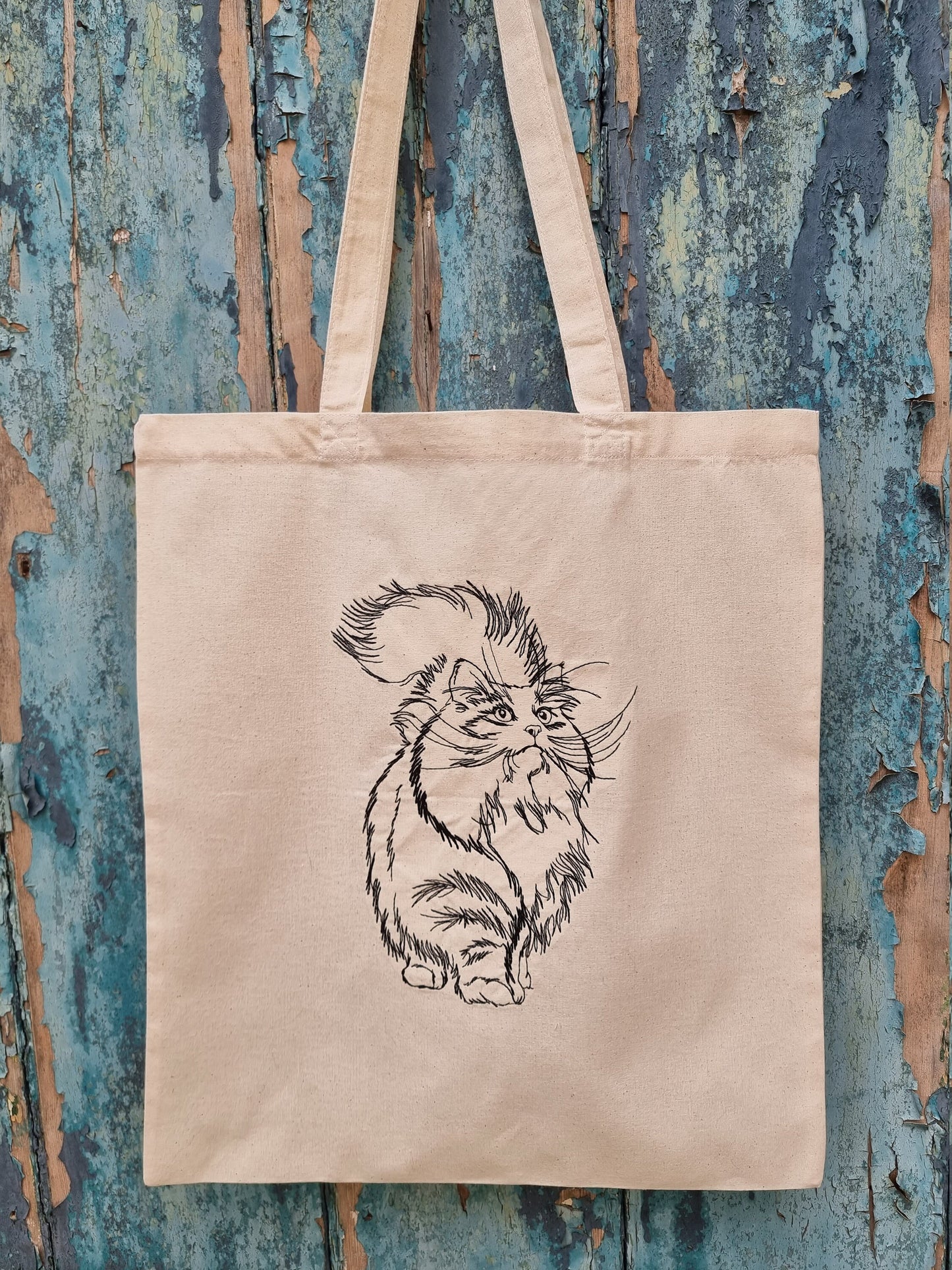 Cute Line Art Cat Embroidered Tote