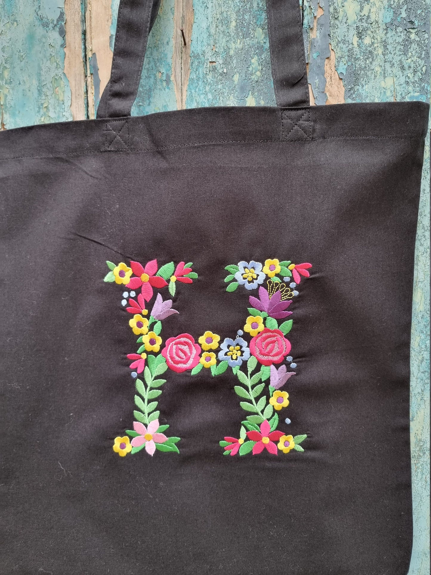 Floral Initial Embroidered Tote Bag