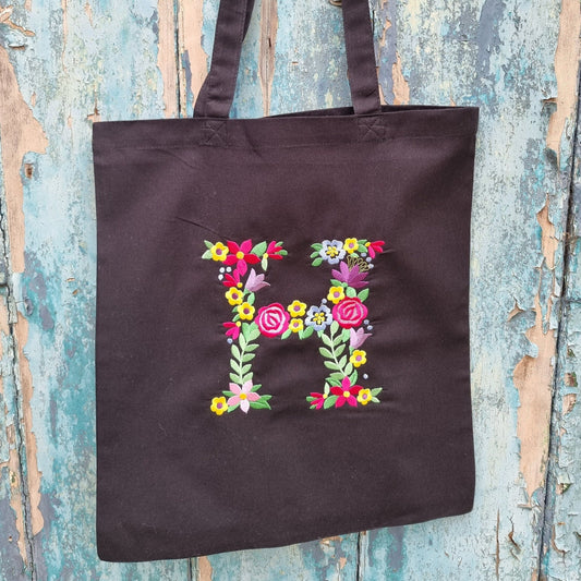 Floral Initial Embroidered Tote Bag