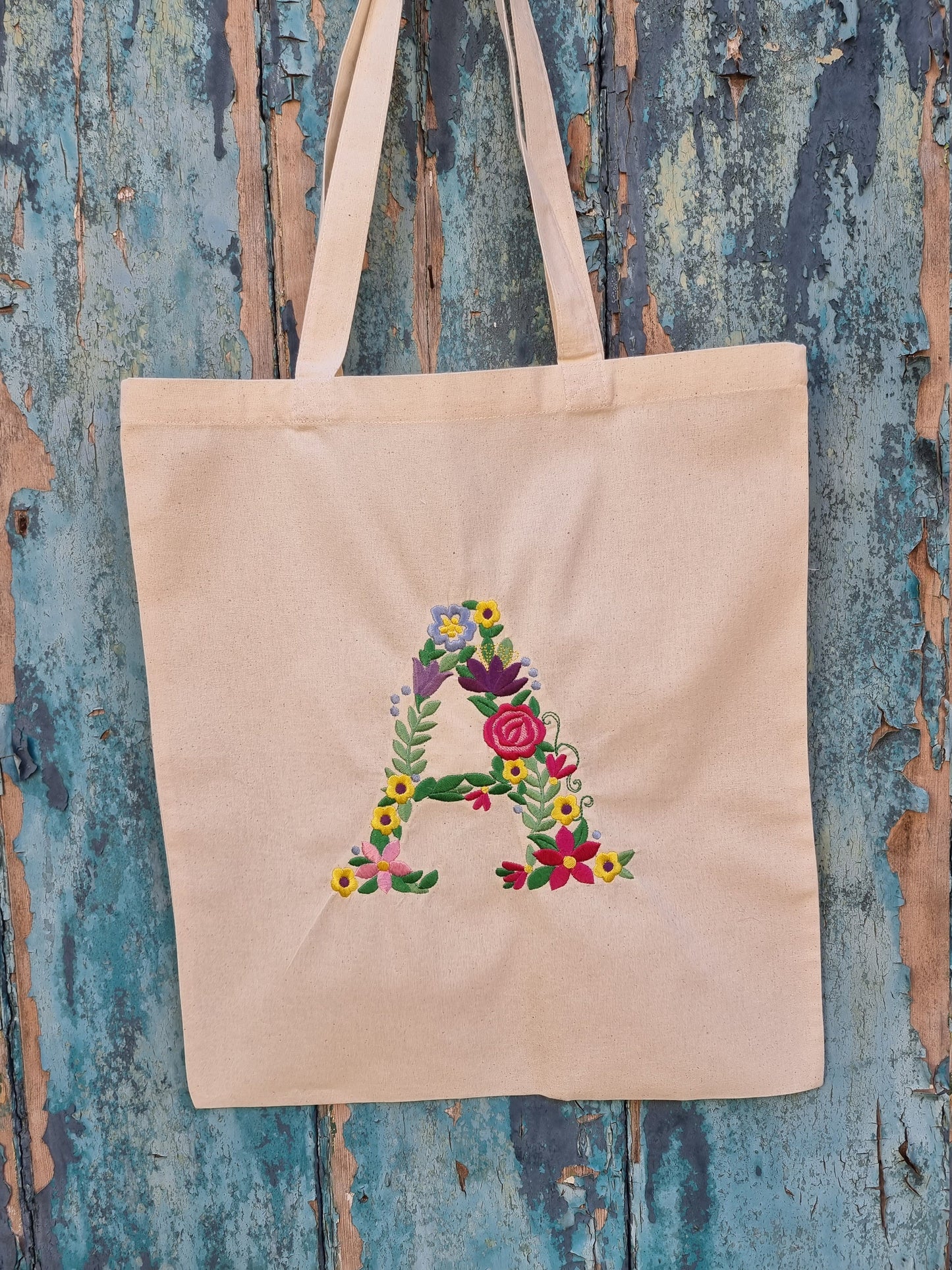 Floral Initial Embroidered Tote Bag