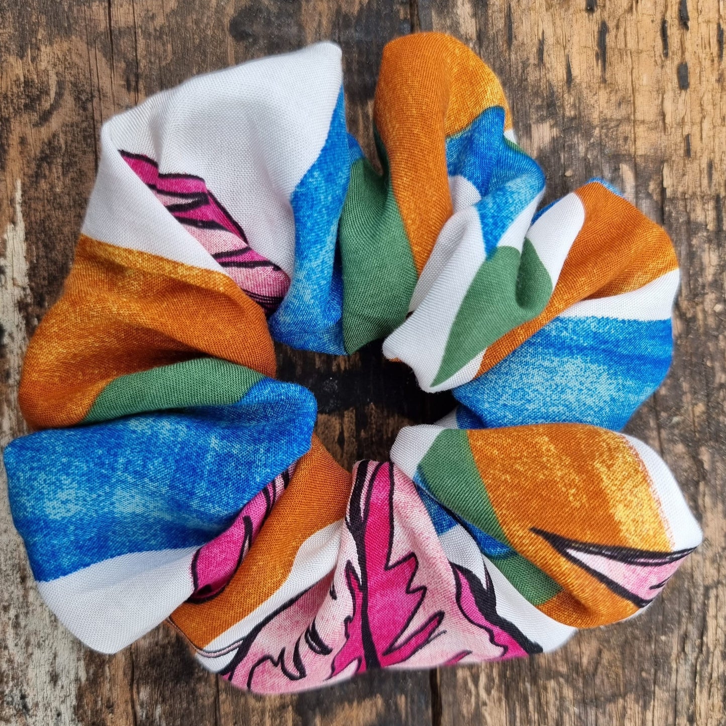 Abstract Monstera Leaf Striped Super Soft Viscose Scrunchie | Hair Tie | Green, Blue, Orange and Pink