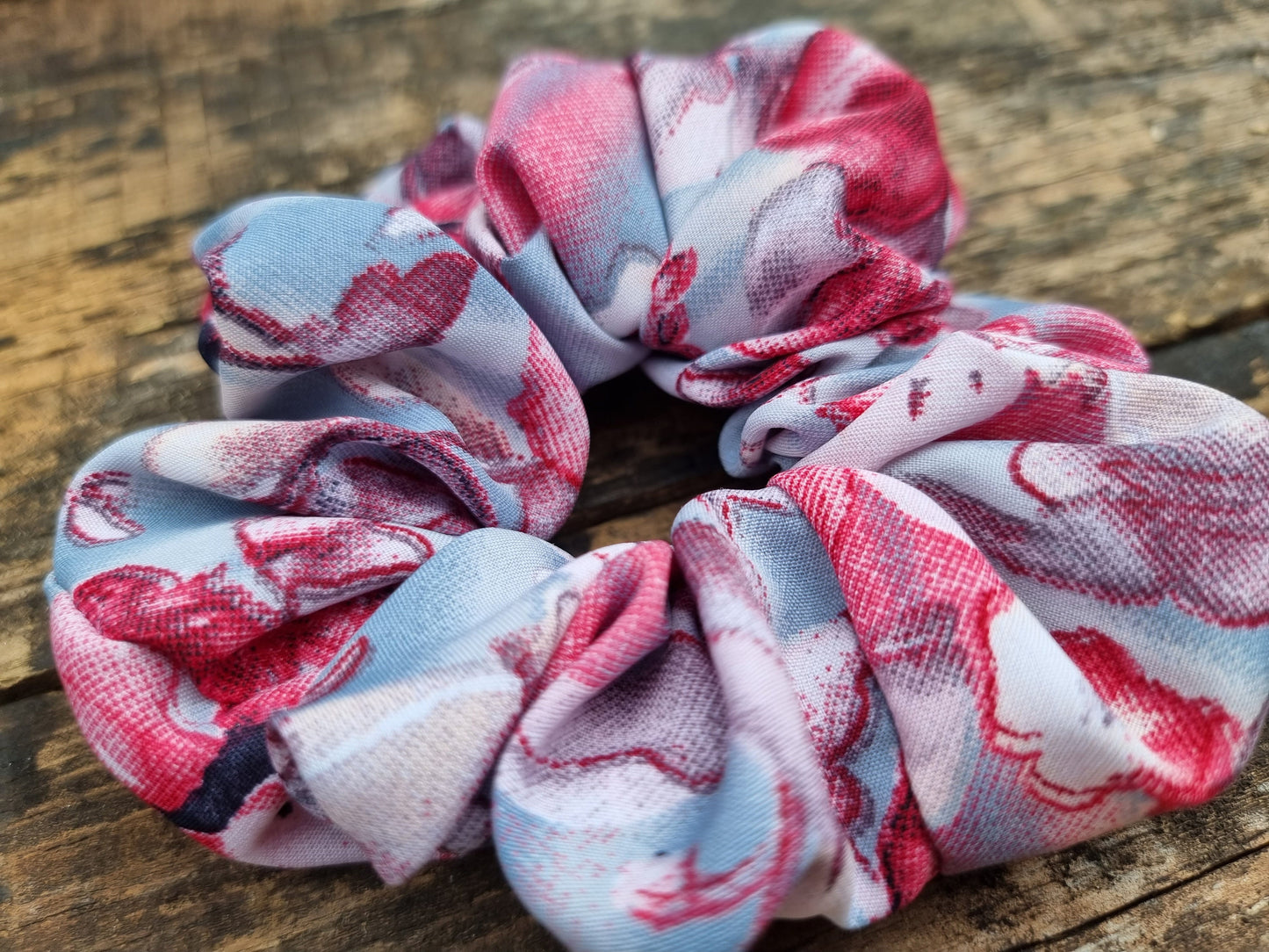 Abstract Grey and Pink Floral Super Soft Crepe Scrunchie | Hair Tie