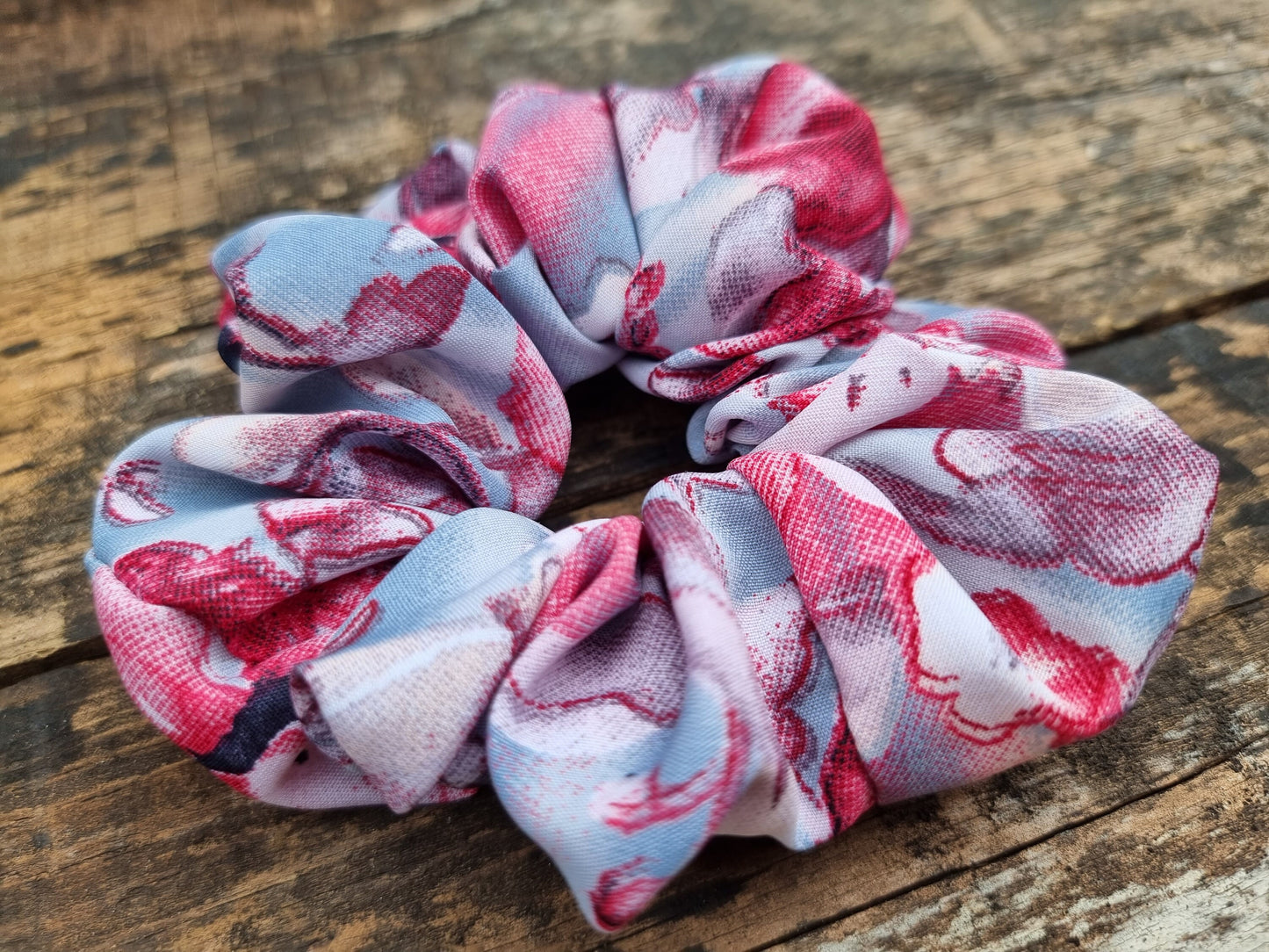 Abstract Grey and Pink Floral Super Soft Crepe Scrunchie | Hair Tie