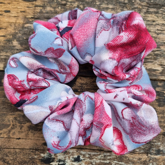 Abstract Grey and Pink Floral Super Soft Crepe Scrunchie | Hair Tie