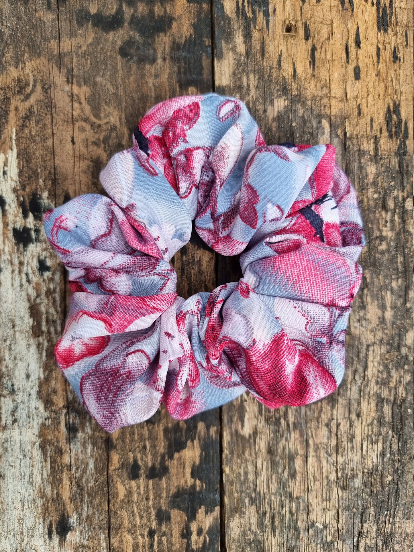 Abstract Grey and Pink Floral Super Soft Crepe Scrunchie | Hair Tie