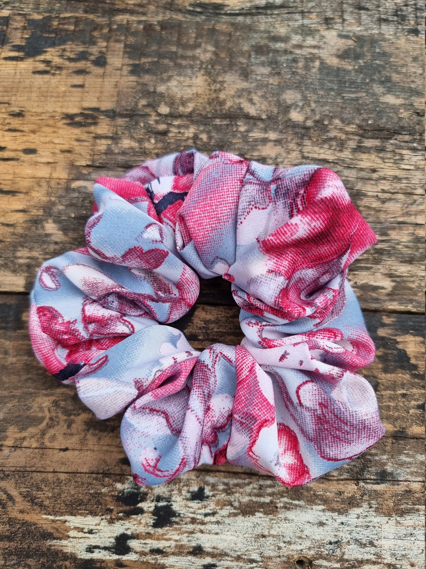 Abstract Grey and Pink Floral Super Soft Crepe Scrunchie | Hair Tie