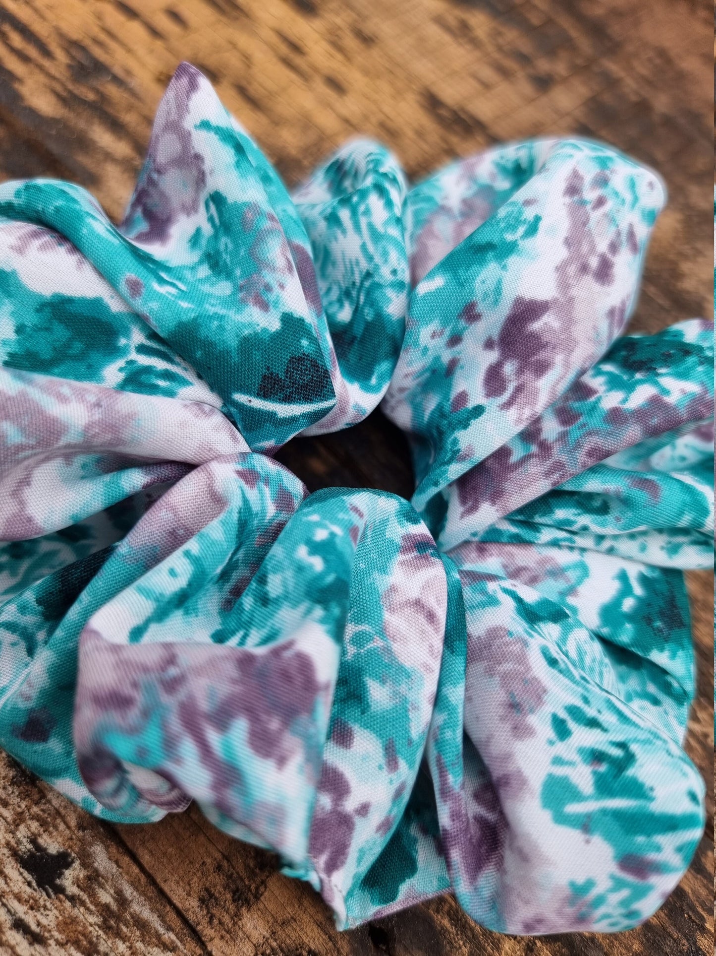 Abstract Turquoise and Grey Batik Super Soft Crepe Scrunchie | Hair Tie