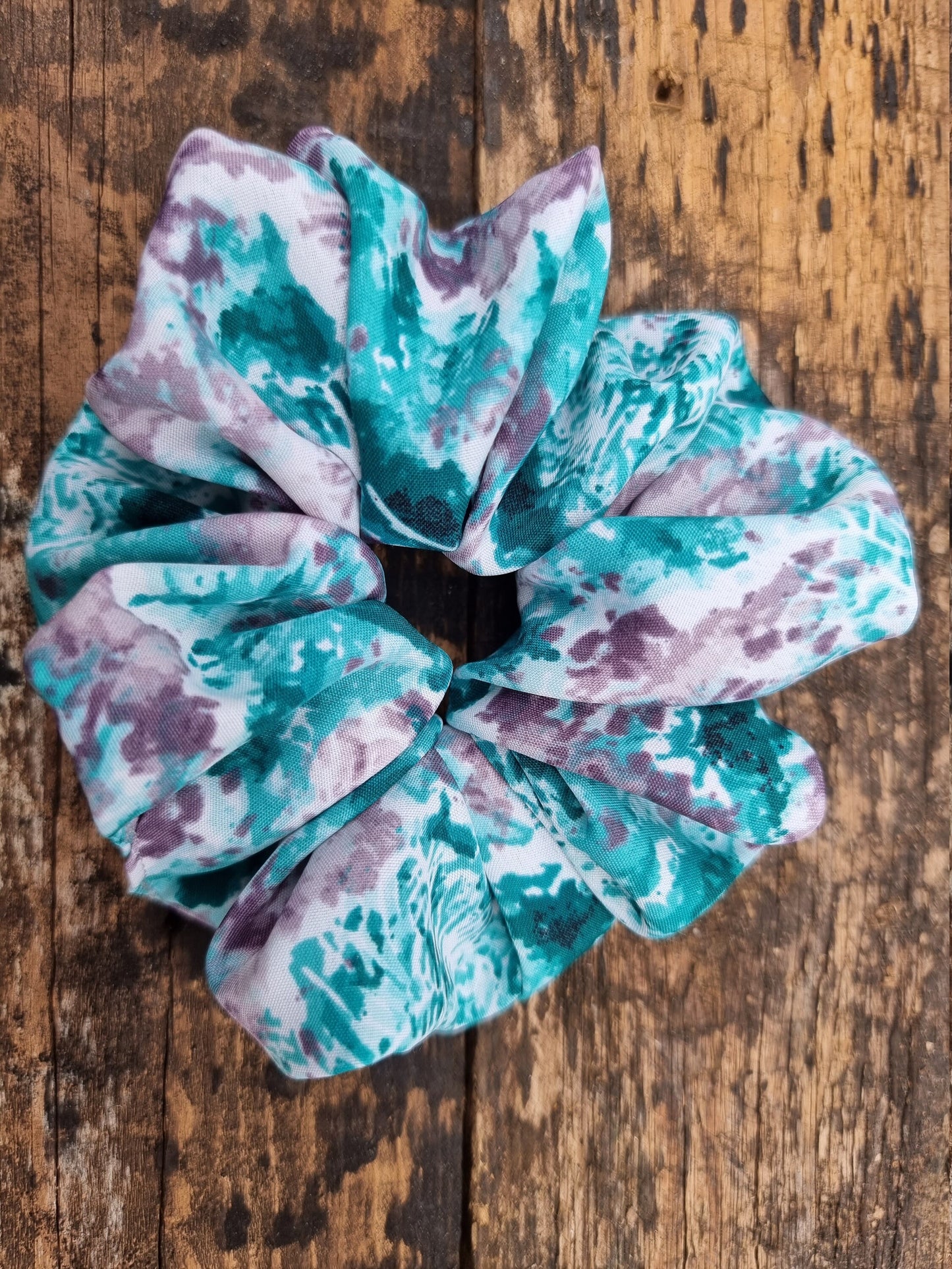 Abstract Turquoise and Grey Batik Super Soft Crepe Scrunchie | Hair Tie