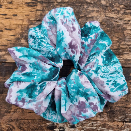 Abstract Turquoise and Grey Batik Super Soft Crepe Scrunchie | Hair Tie