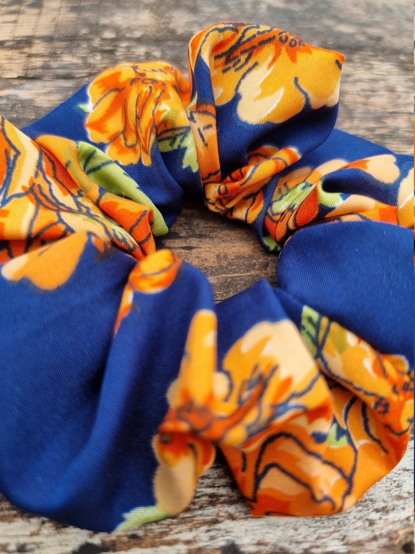 Abstract Orange and Navy Floral Super Soft Crepe Scrunchie | Hair Tie