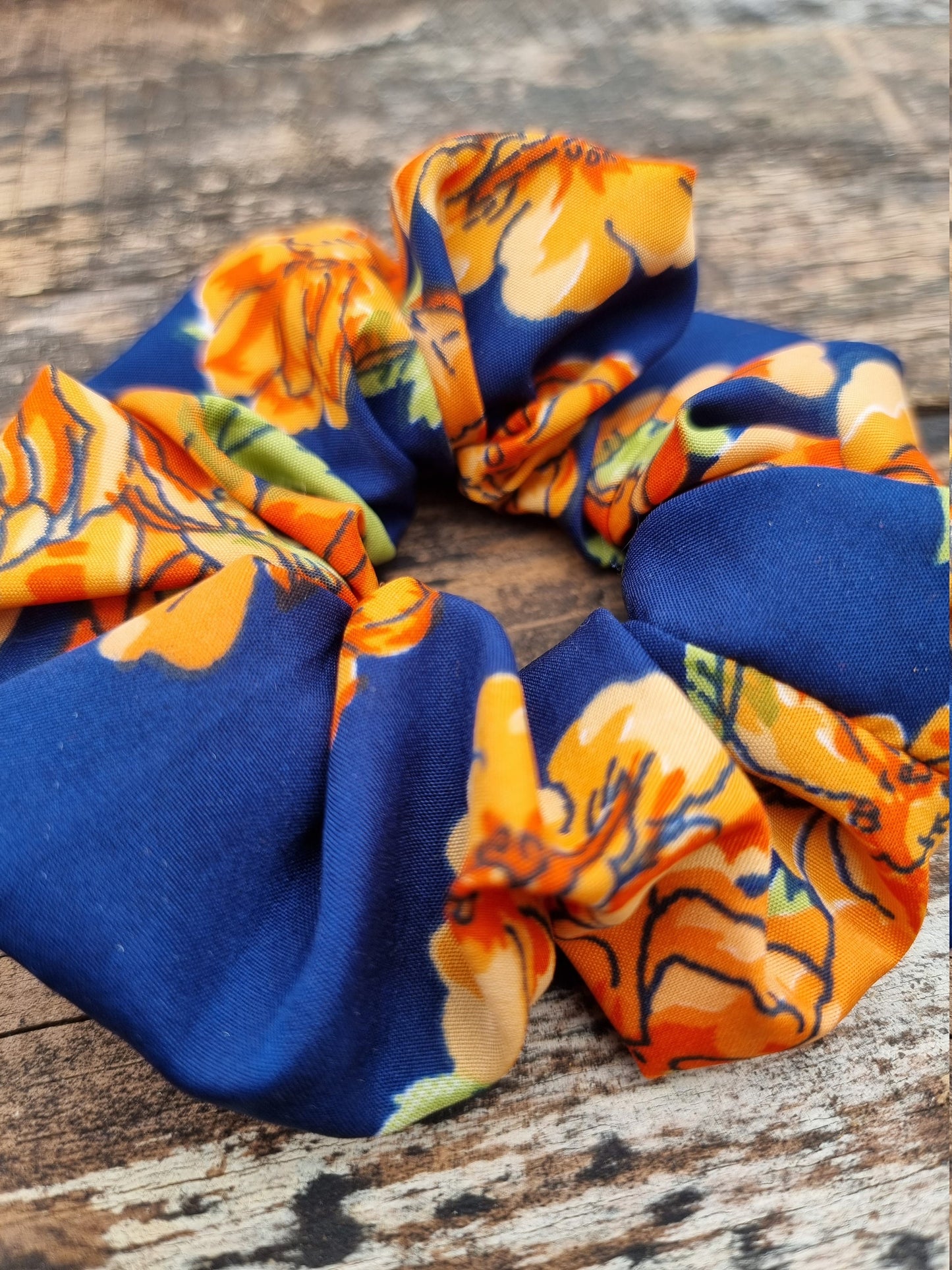 Abstract Orange and Navy Floral Super Soft Crepe Scrunchie | Hair Tie