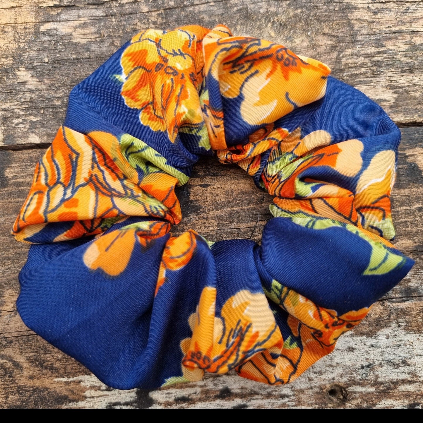 Abstract Orange and Navy Floral Super Soft Crepe Scrunchie | Hair Tie