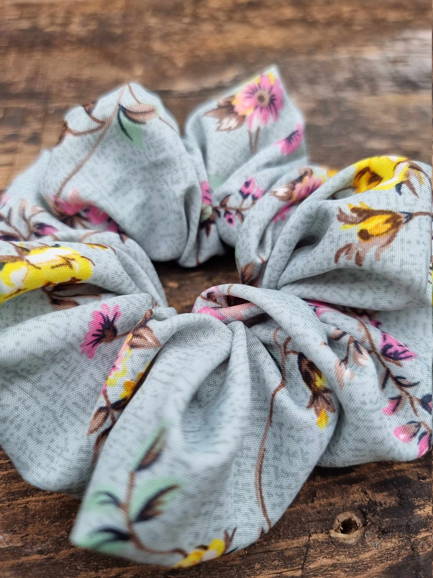 Dusty Grey Teal Cracked Look Floral Super Soft Crepe Scrunchie | Hair Tie