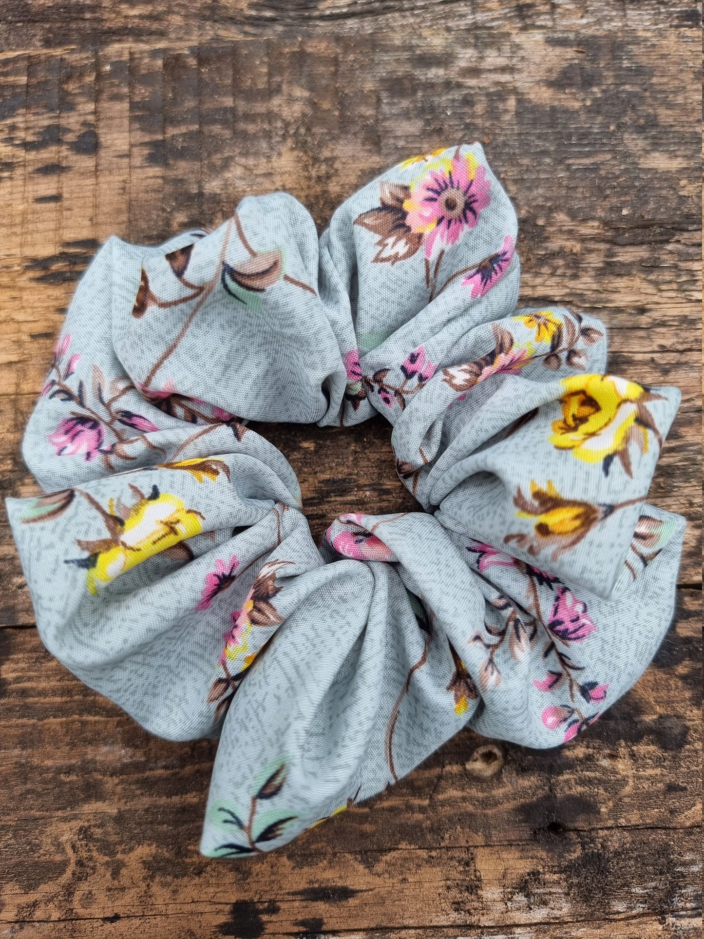 Dusty Grey Teal Cracked Look Floral Super Soft Crepe Scrunchie | Hair Tie