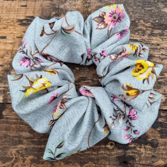 Dusty Grey Teal Cracked Look Floral Super Soft Crepe Scrunchie | Hair Tie