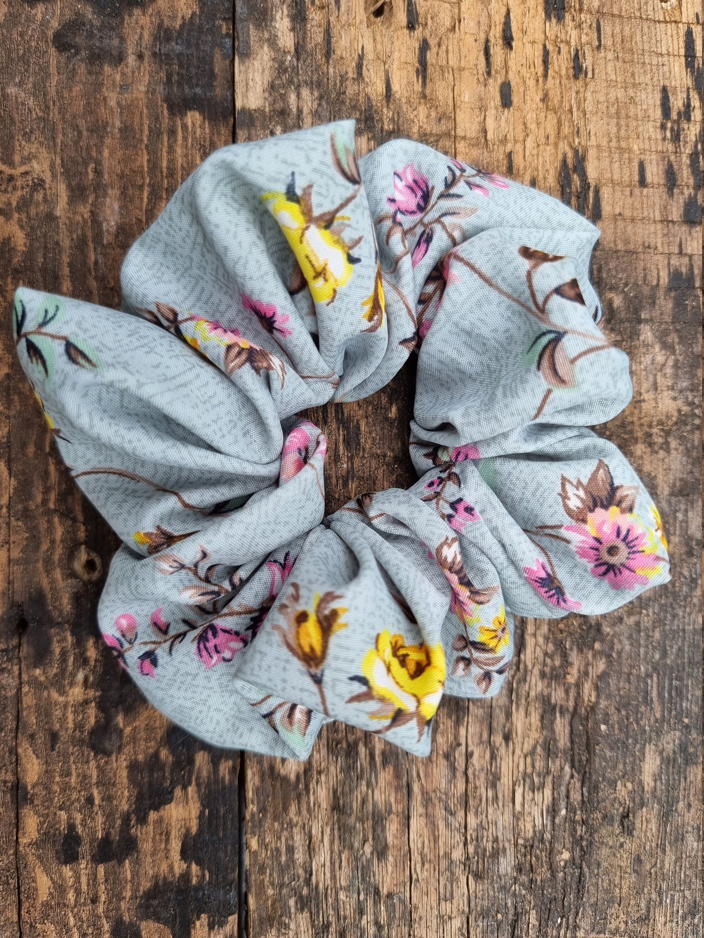 Dusty Grey Teal Cracked Look Floral Super Soft Crepe Scrunchie | Hair Tie