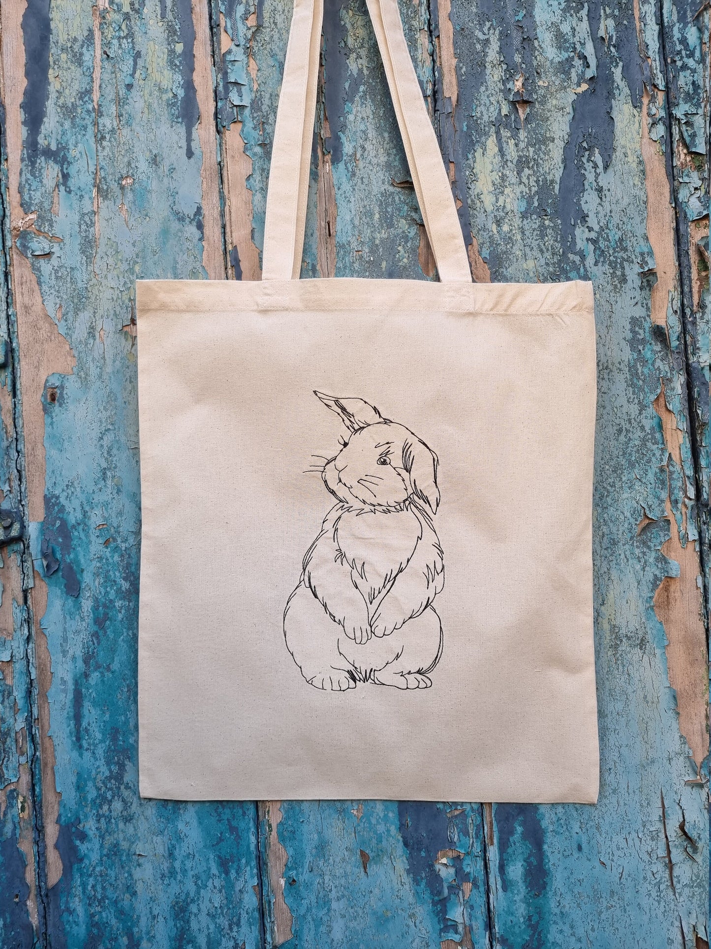 Line Art Cute Bunny Embroidered Tote