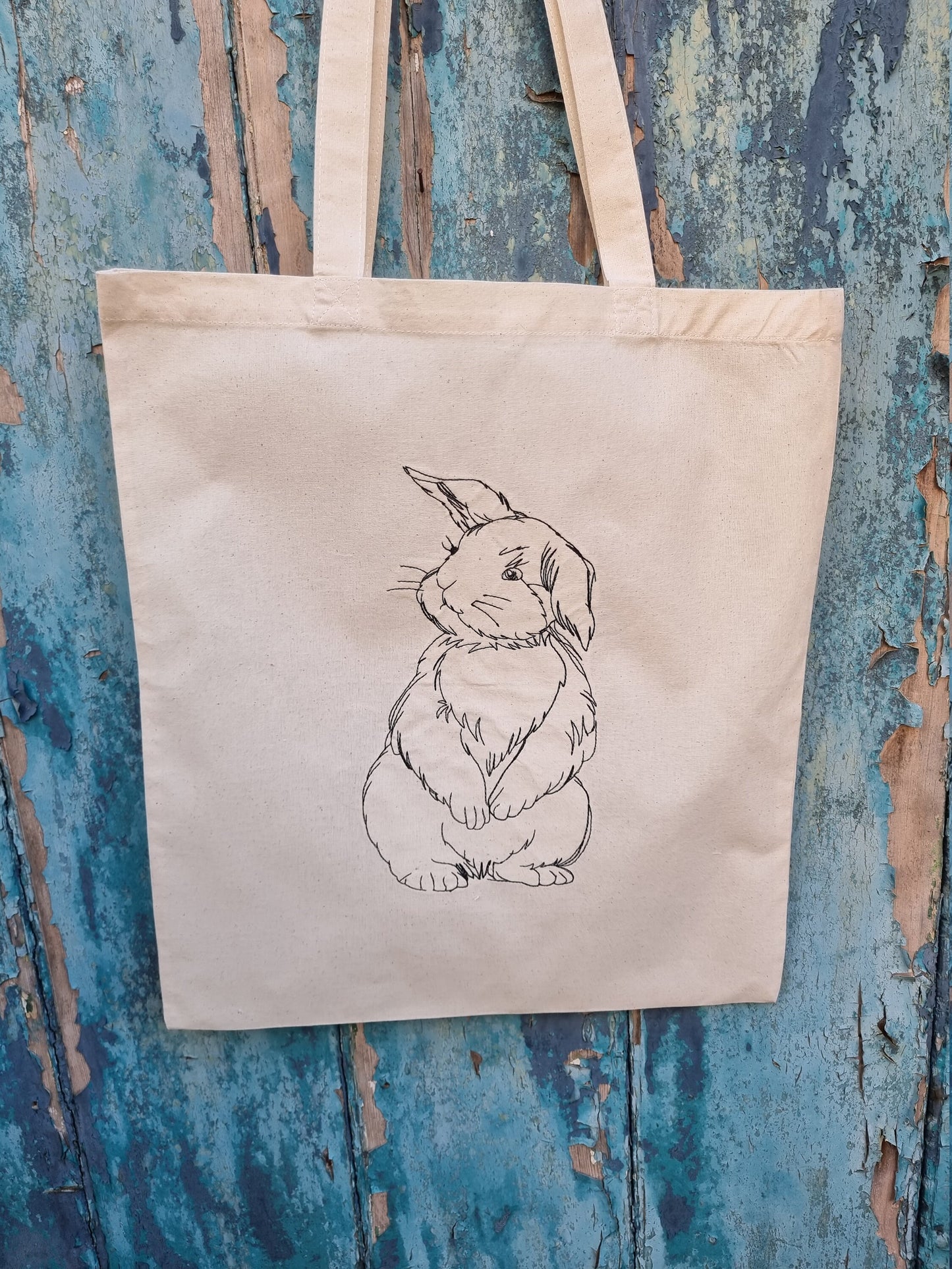 Line Art Cute Bunny Embroidered Tote