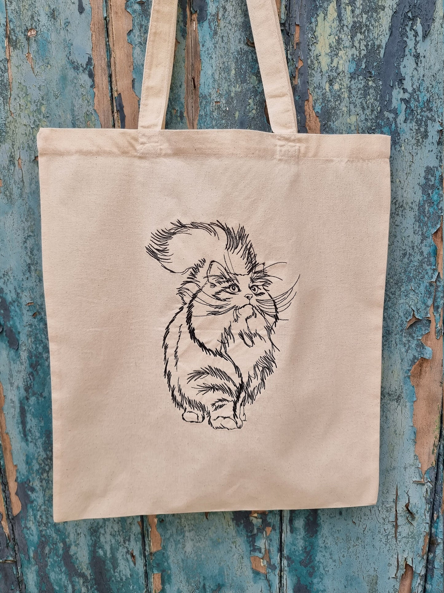 Cute Line Art Cat Embroidered Tote