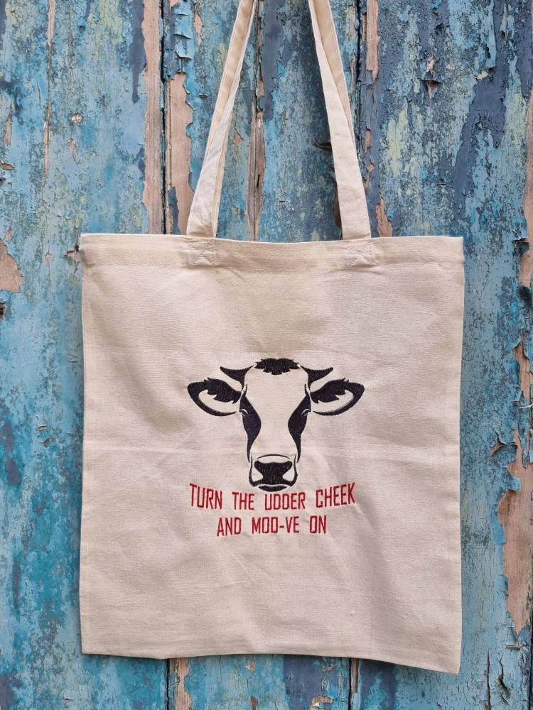 Funny Moo-ve On Cow Embroidered Tote