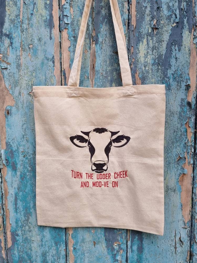 Funny Moo-ve On Cow Embroidered Tote