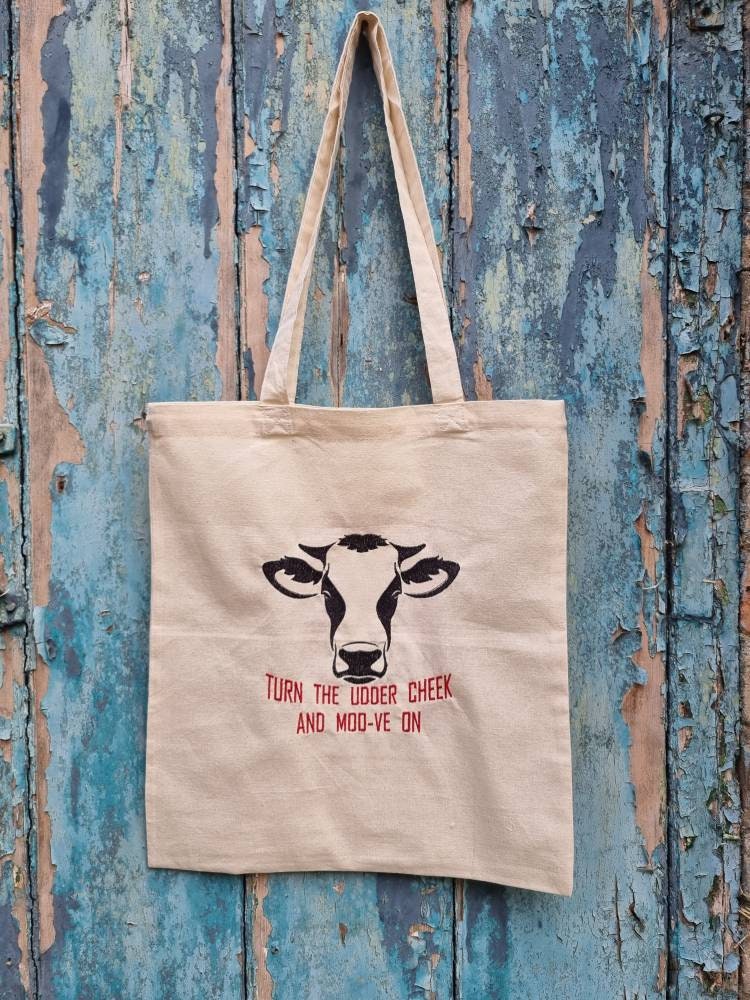 Funny Moo-ve On Cow Embroidered Tote