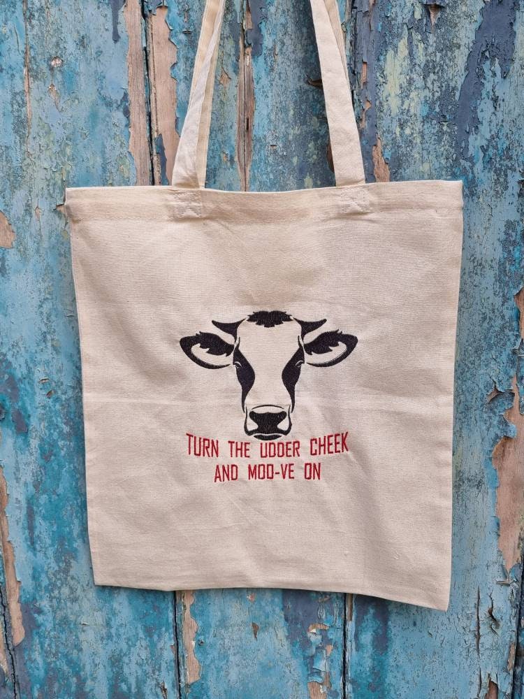 Funny Moo-ve On Cow Embroidered Tote