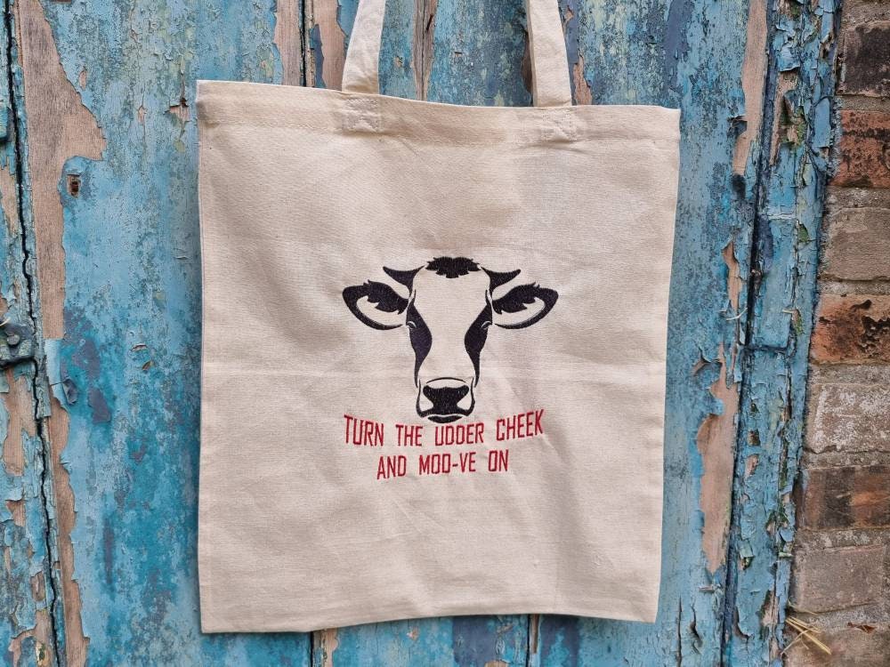 Funny Moo-ve On Cow Embroidered Tote