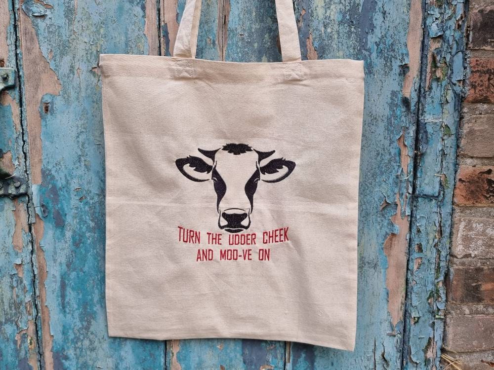 Funny Moo-ve On Cow Embroidered Tote