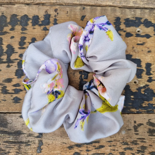 Grey Floral Print Scrunchie | Hair Tie