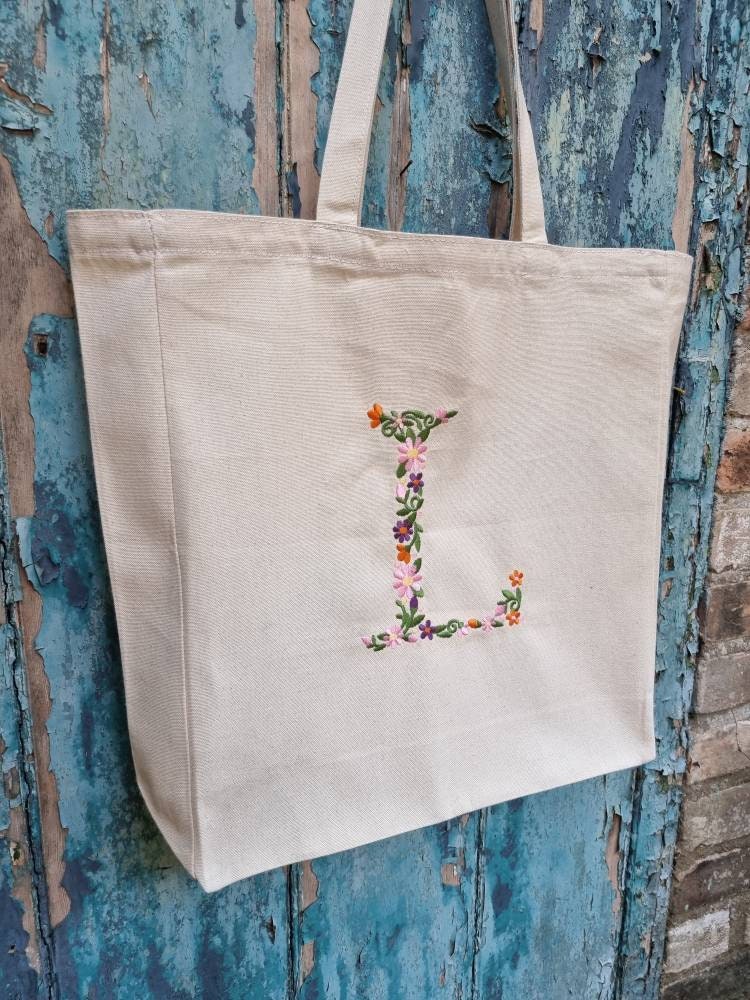 Floral Initial Embroidered Tote Bag