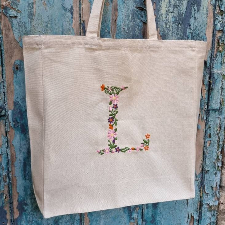 Floral Initial Embroidered Tote Bag