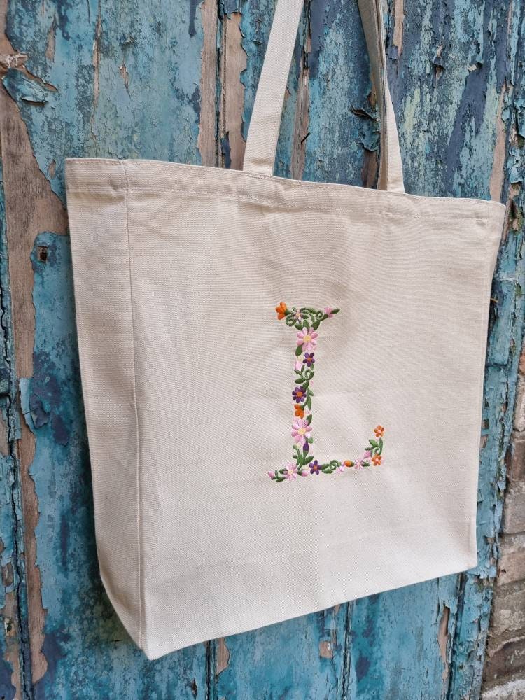 Floral Initial Embroidered Tote Bag