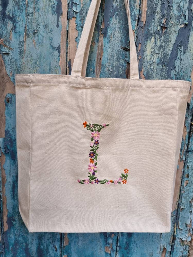 Floral Initial Embroidered Tote Bag