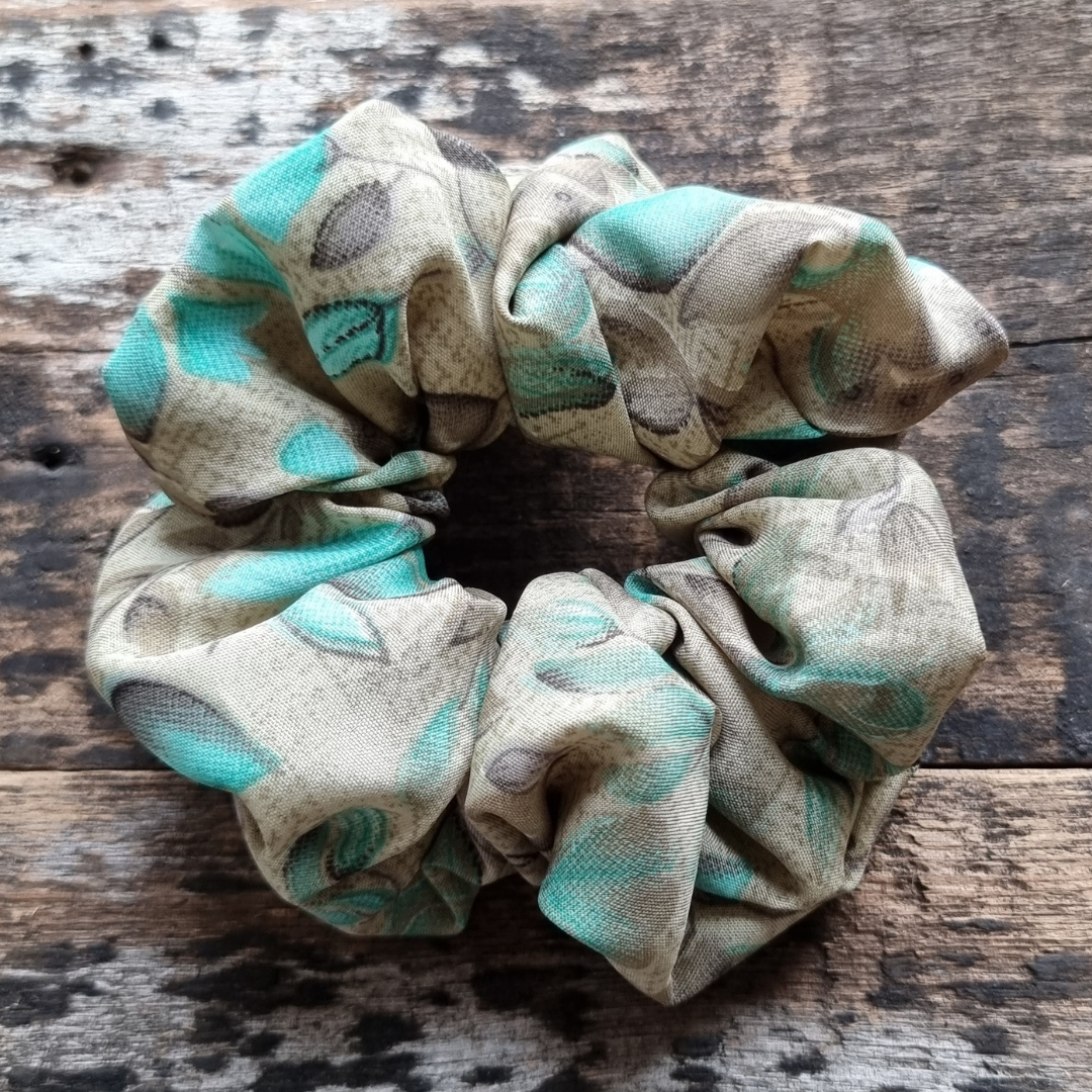 Olive Fallen Leaves Super Soft Crepe Scrunchie | Hair Tie